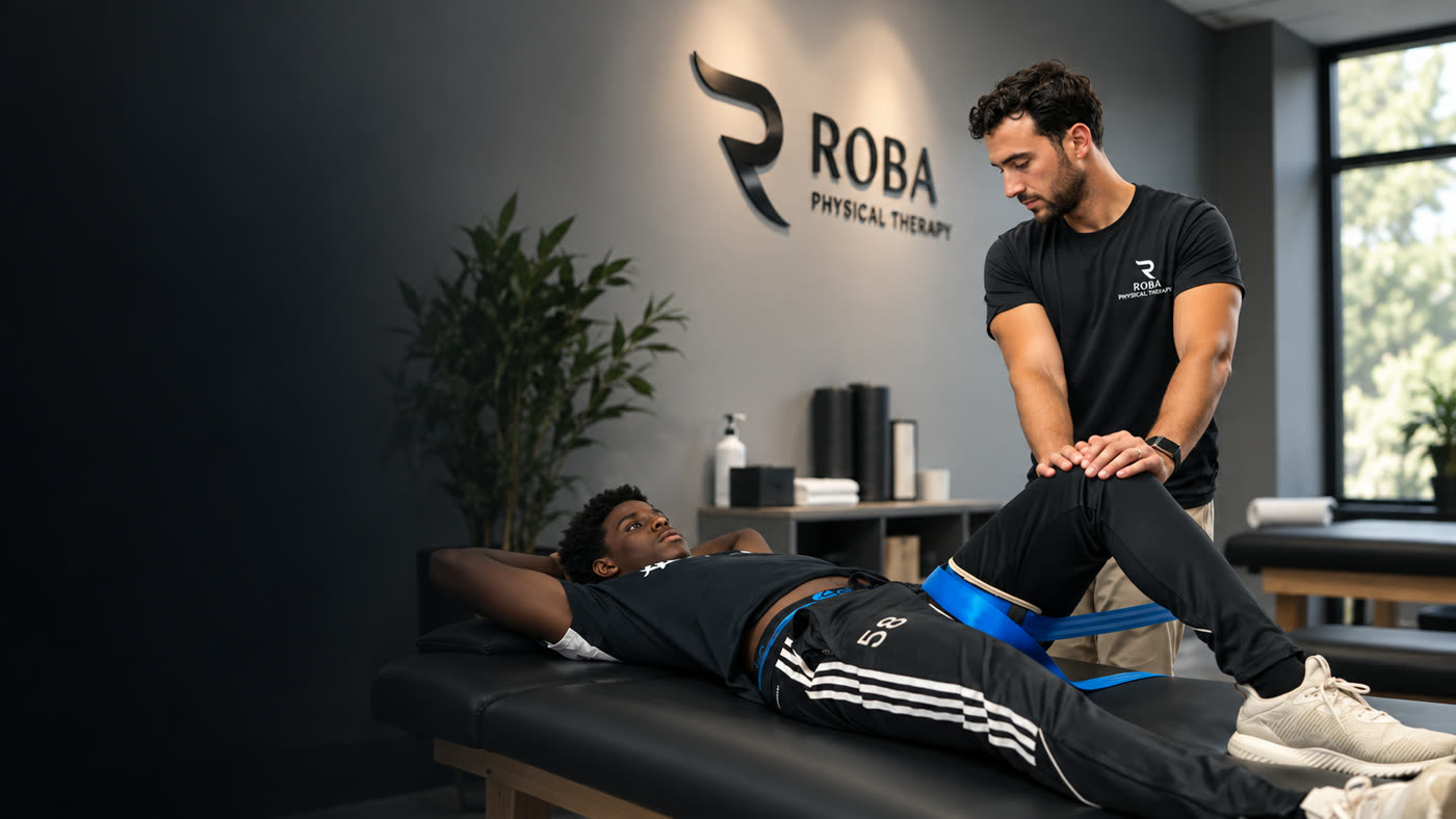 Therapist guiding a patient through a supported knee exercise on a treatment table